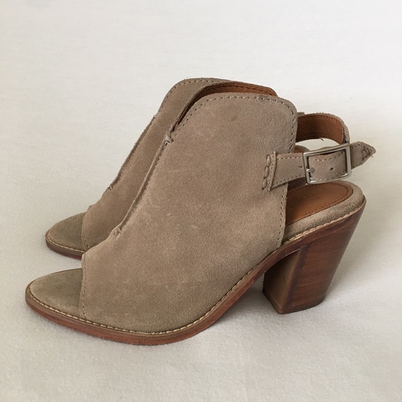 FRYE Dani Shield Sling Back Sandal Heels Open toe Wood wmn 6.5 black Or tan New - Picture 2 of 15